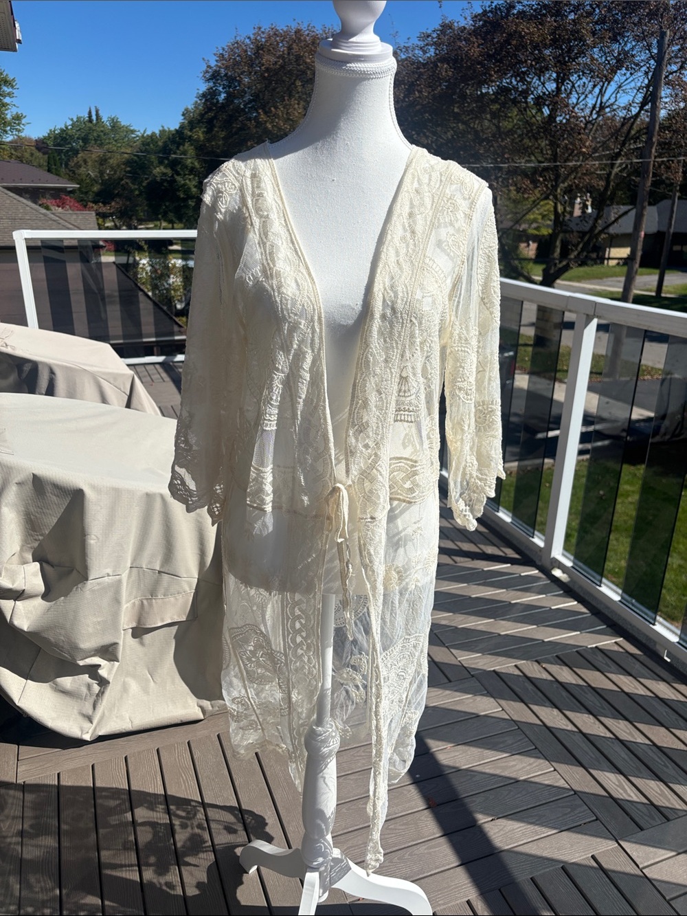 Sheer Lace Kimono Robe - Cream